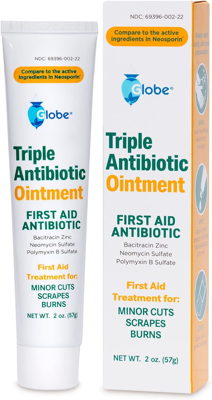 Globe (2 Oz Triple Antibiotic First Aid Antibiotic Ointment, 24-Hour Infection Protection, Wound Care Treatment For Minor Scrapes, Burns And Cuts (2 Oz Tube)