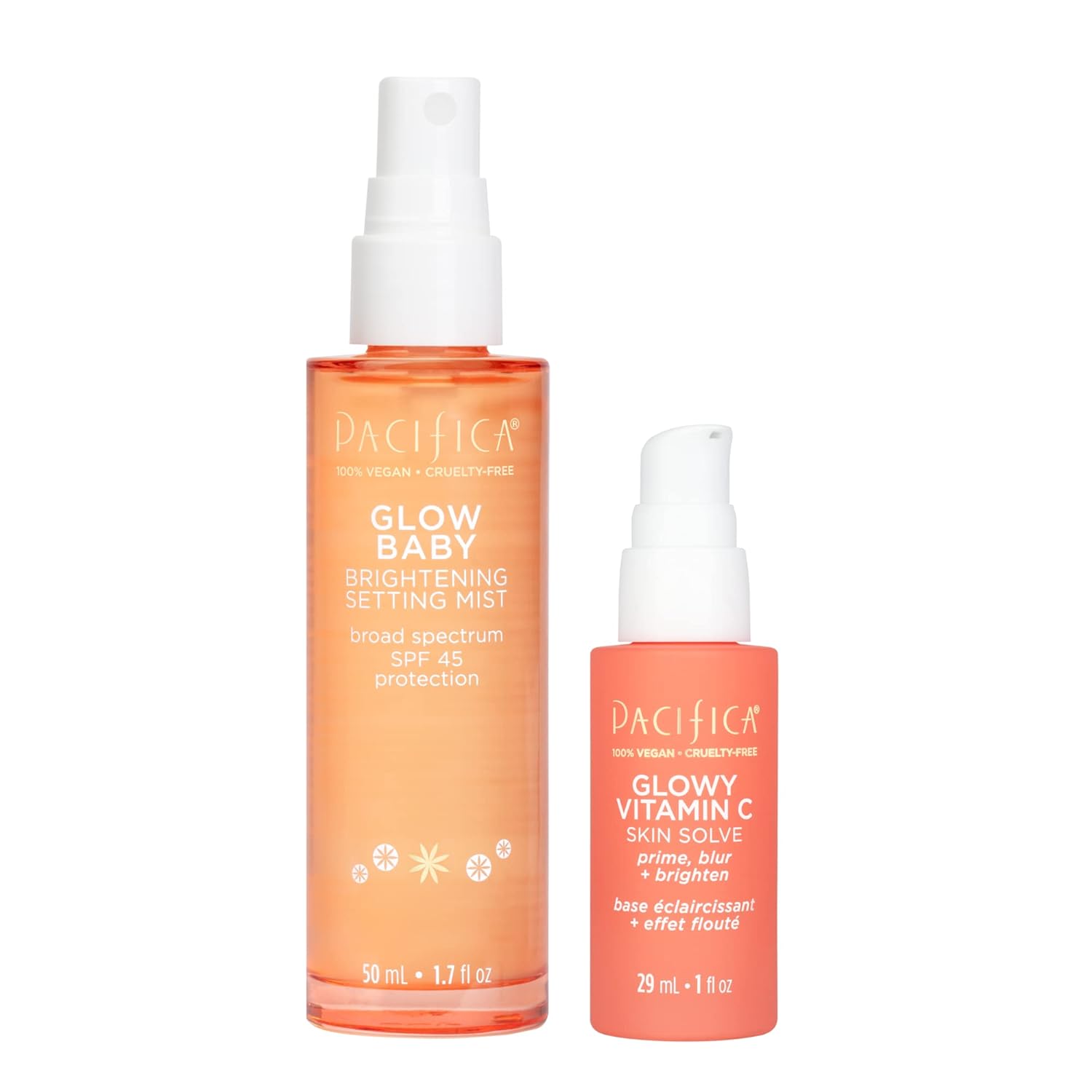 Pacifica Beauty Glow Baby Brightening Setting Mist & Glowy Vitamin C Skin Solve Set, Skincare, Suncare, Spf 45, Uva/Uvb, Blue Light Protection, Primer, Vegan, 1.7 Fl Oz And 1 Fl Oz (Set Of 2)