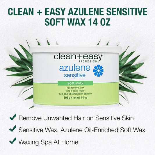 Clean + Easy Azulene Sensitive Soft Wax – Wax For Sensitive Skin Hair Removal, Gentle & Soothing Formula For Face & Body, 14 Oz