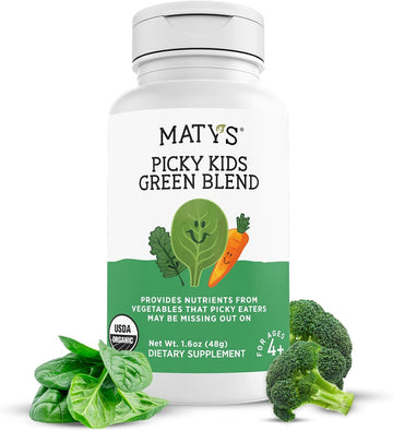 Matys Organic Picky Kids Green Blend, Vegetable Powder Supplement For Picky Eater Kids 4 Years +, Vitamin Packed Superfood Veggie Powder For Meals & Smoothies With Spinach, Kale, Broccoli, 1.6 Ounces