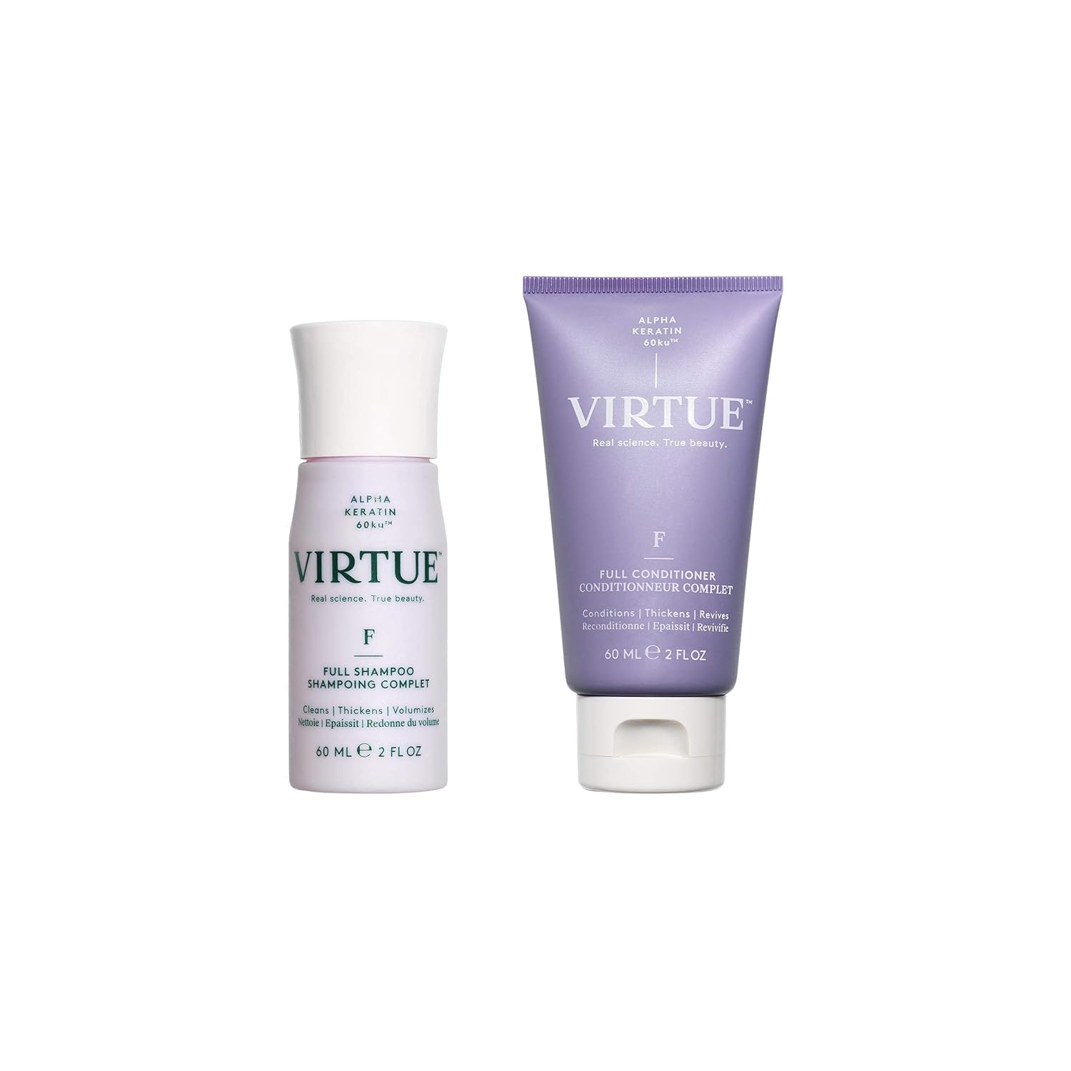 VIRTUE Full Shampoo & Conditioner Travel Size Set | Alpha Keratin Thickens, Volumizes Fine or Thin Hair | Sulfate Free, Paraben Free, Color Safe