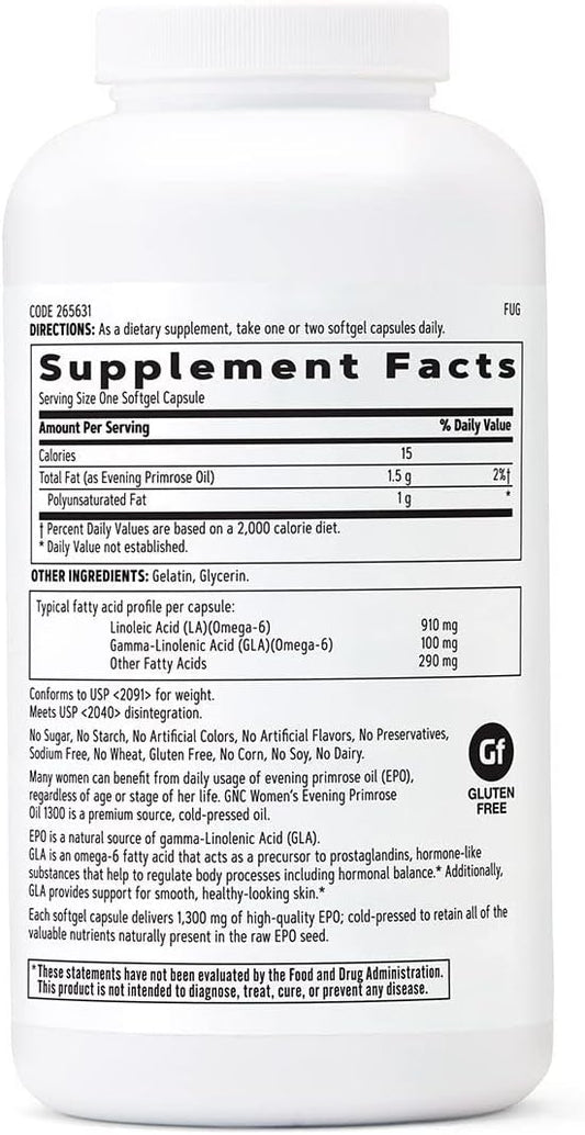 Gnc Women'S Evening Primrose Oil (Epo) 1300 Mg | Supports Hormonal Balance, Immunity, Healthy Skin And Heart Health | Daily Vitamin | 180 Softgel Capsules