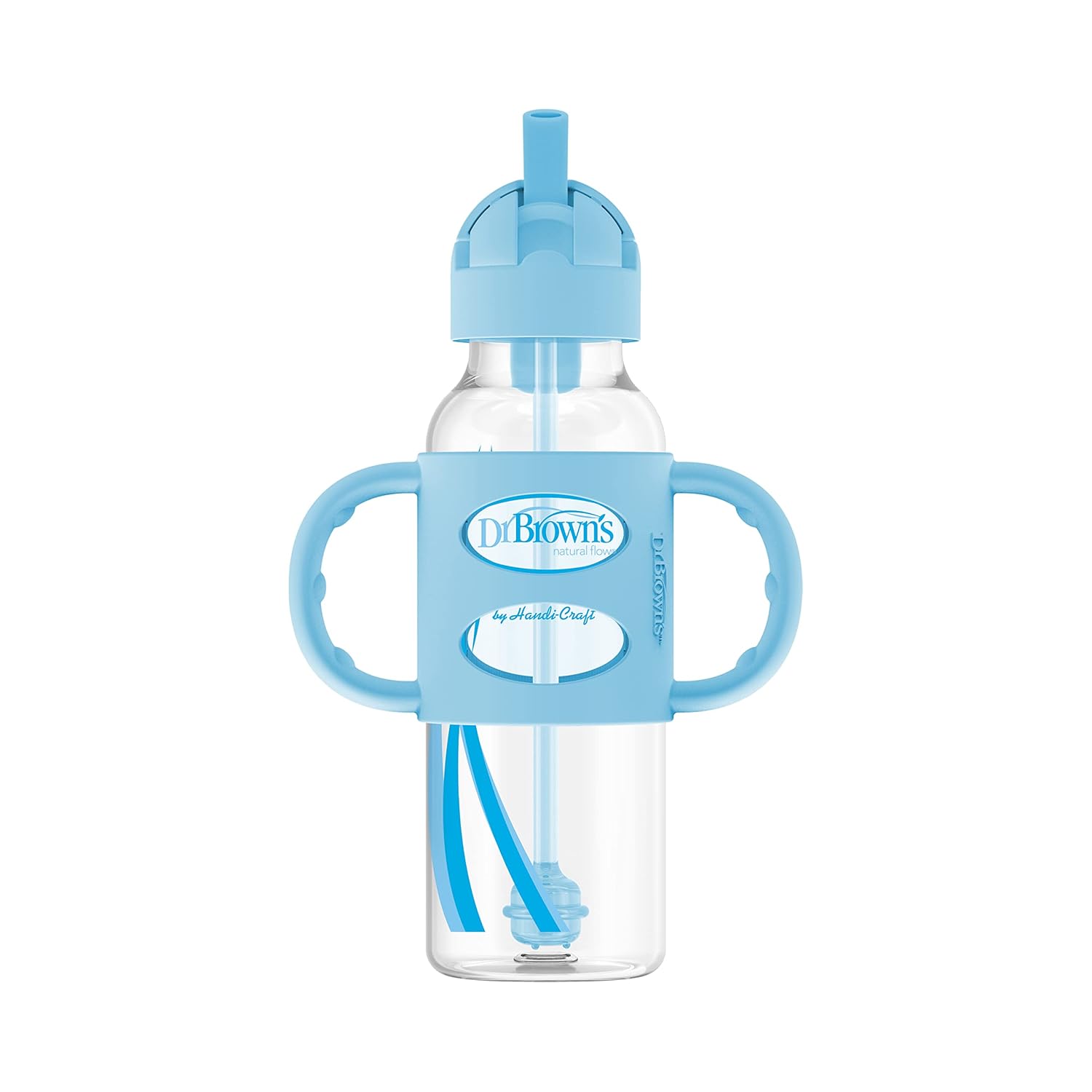 Dr. Brown'S Milestones Narrow Sippy Straw Bottle, Spill-Proof With 100% Silicone Handles And Weighted Straw, 8 Oz/250 Ml, Blue, 6M+