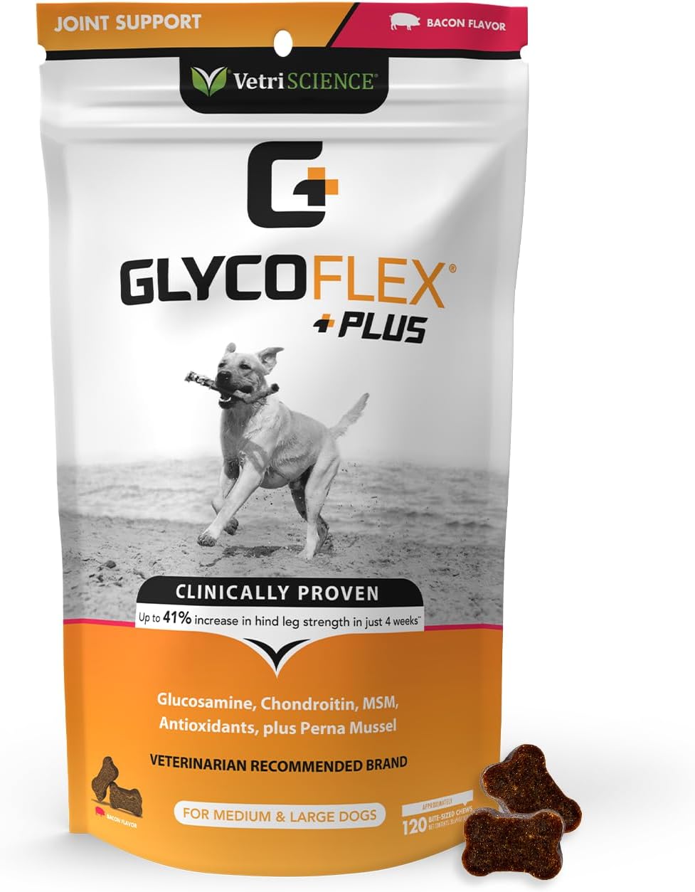 VetriScience Glycoflex Plus, Clinically Proven Hip and Joint Supplement for Dogs - Advanced Dog Supplement with Glucosamine, Chondroitin, MSM, Green Lipped Mussel & DMG - 120 Chews, Bacon Flavor?