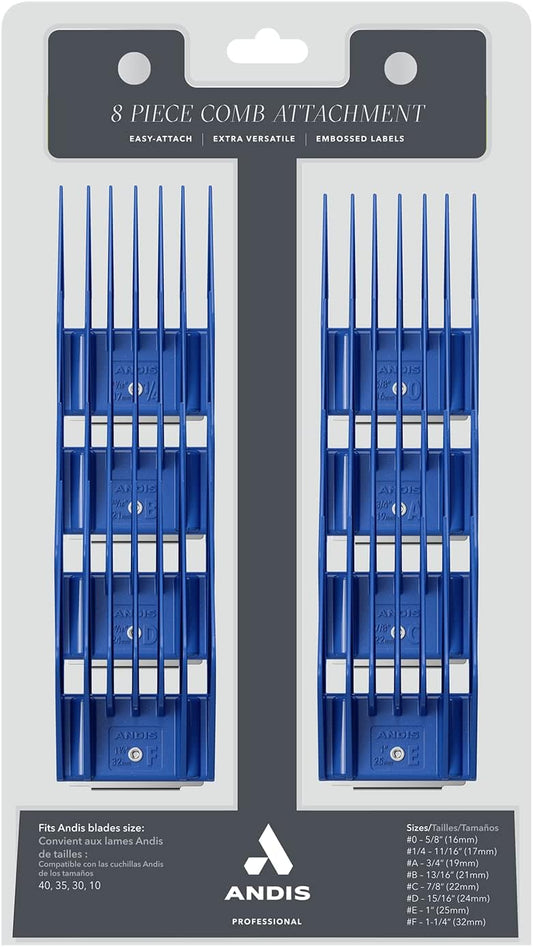 Andis 13105 8-Piece Universal Attachment Snap-On Comb Set; Sizes: 5/8", 11/16", 3/4", 13/16", 7/8", 15/16", 1", 1-1/4", Blue