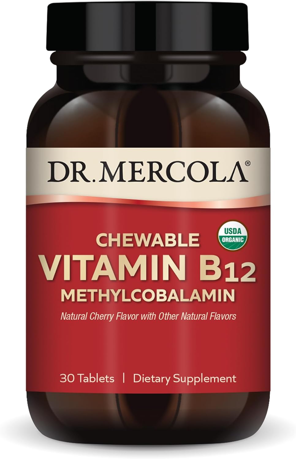 Dr. Mercola Organic Chewable Vitamin B12, 30 Servings (30 Tablets), Natural Cherry Flavor, Dietary Supplement, Supports Energy Production and Mental Focus, Non-GMO, Certified USDA Organic