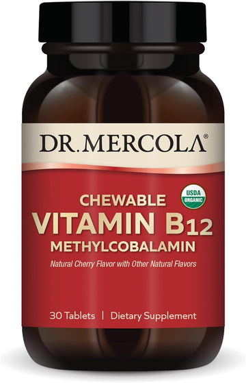 Dr. Mercola Organic Chewable Vitamin B12, 30 Servings (30 Tablets), Natural Cherry Flavor, Dietary Supplement, Supports Energy Production and Mental Focus, Non-GMO, Certified USDA Organic