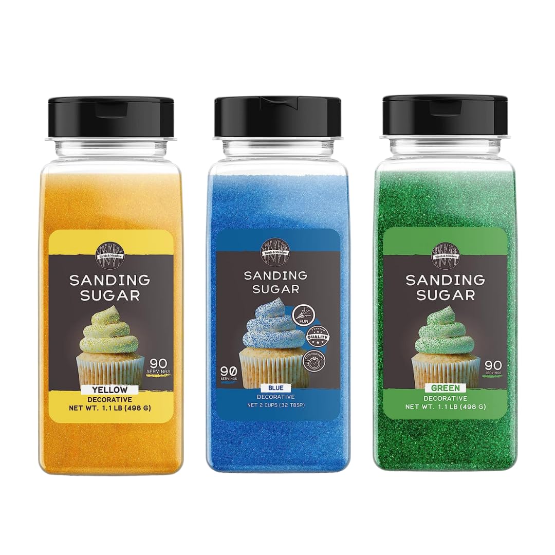 Birch & Meadow Blue, Yellow, & Green Sanding Sugar Bundle 1 lb., Mixed Colors, Colorful Sugar Crystals for Festive Holiday Baking