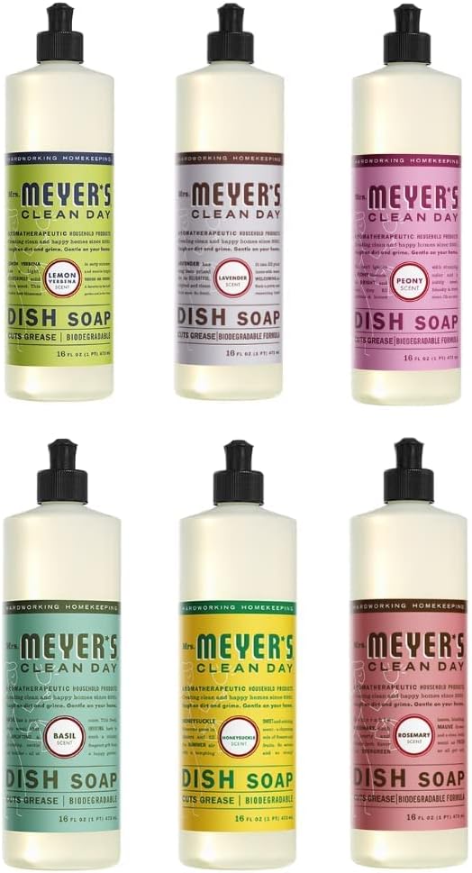 MRS. MEYER'S CLEAN DAY Variety Pack, 16 Oz. Includes 6 Scents (Lemon Verbena, Lavender, Basil, Rosemary, Honeysuckle, Peony Scents) Bundle of 6 Items