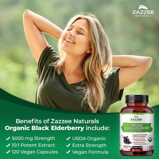 Zazzee Usda Organic Black Elderberry 10:1 Extract, 5000 Mg Strength, 120 Vegan Capsules, 2 Month Supply, Standardized, Concentrated 10X Extract, 100% Vegetarian, All-Natural, Non-Gmo, Made In The Usa