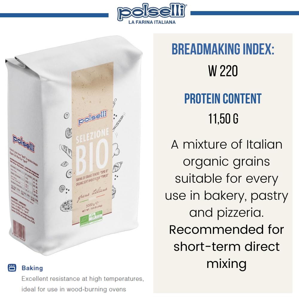 Organic Flour, Type "00", 100% Italian Grain, Double Zero Flour, Oo Extra Fine, 11 Lbs (5 Kg), Bio, Neapolitan Italian Pizza, Bread, Pasta, All Natural, Unbleached, All-Purpose Flour, Unbromated, No Additives, Polselli