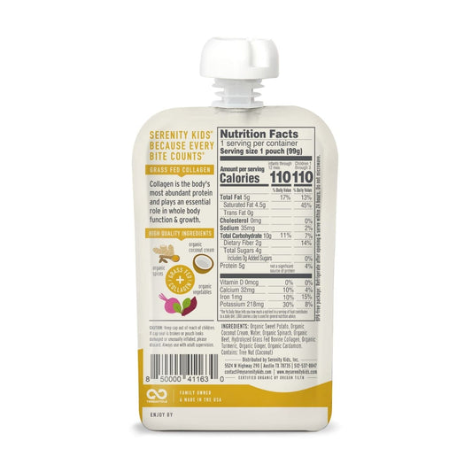 Serenity Kids 6+ Months Dairy-Free Smoothie Baby Food | Usda Organic | Grass Fed Collagen Protein | 3.5 Ounce Bpa-Free Pouch | Sweet Potato Spice | 12 Count