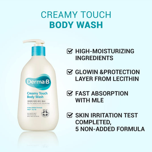 Derma B Creamy Touch Body Wash, Long-Lasting Mild Moisturizing Cleanser, Intensive Nourishing With Shea Butter, Grape Seed Oil, Panthenol, Relaxing Scented Shower Gel, Kbeauty, 13.5 Fl Oz, 400Ml