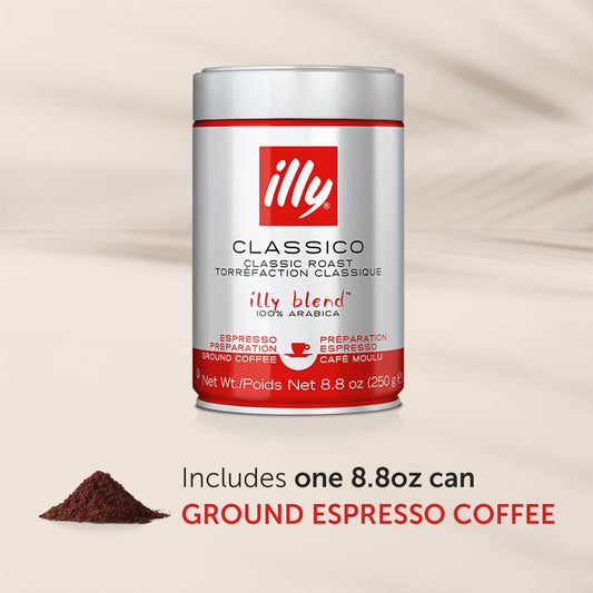 Illy Classico Espresso Ground Coffee, Medium Roast, Classic Roast With Notes Of Chocolate & Caramel, 100% Arabica Coffee, All-Natural, No Preservatives, 8.8 Ounce (Pack Of 1)