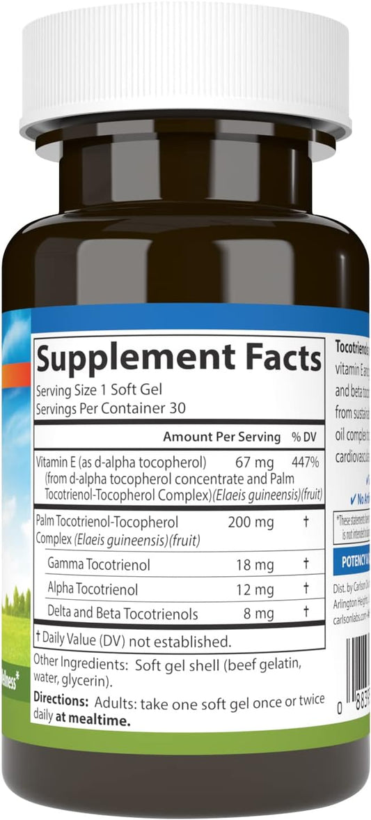 Carlson - Tocotrienols, 40 mg, with Natural-Source Vitamin E, Gamma, Alpha, Delta, Beta, Sustainably Sourced, 30 Softgels