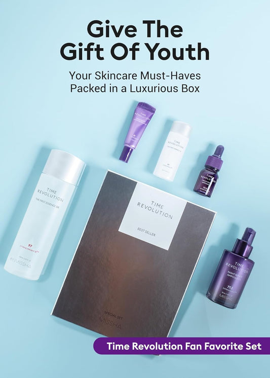 Missha Time Revolution Night Repair 5X Gift Set Night Repair Ampoule And Cream 5X, The First Essence 5X For Youthful, Glass Skin, Korean Skin Care