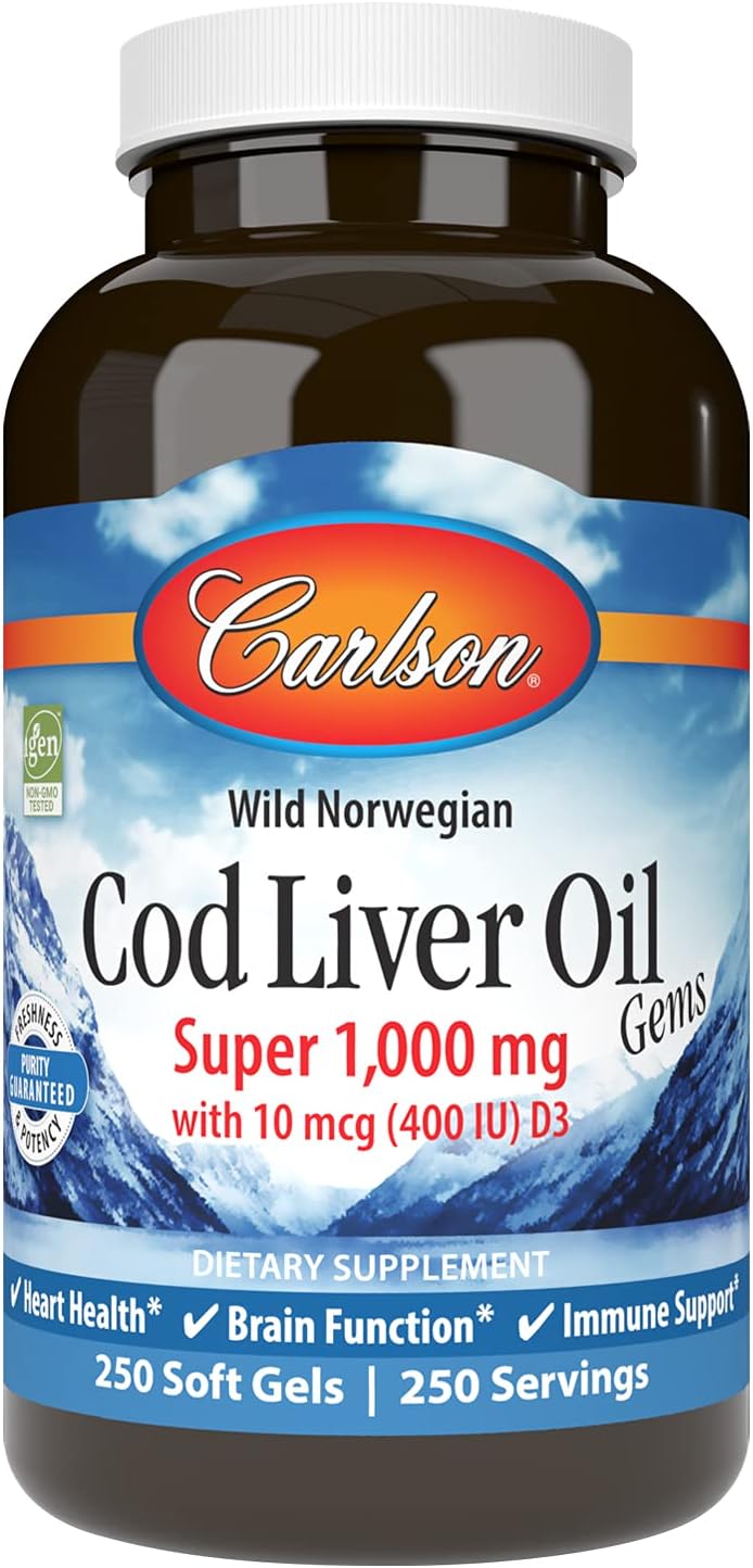Carlson - Cod Liver Oil Gems, Super 1000 mg, 250 mg Omega-3s + Vitamins A & D3, Wild-Caught Norwegian Arctic Cod-Liver Oil, Sustainably Sourced Nordic Fish Oil Capsules, 250 Softgels