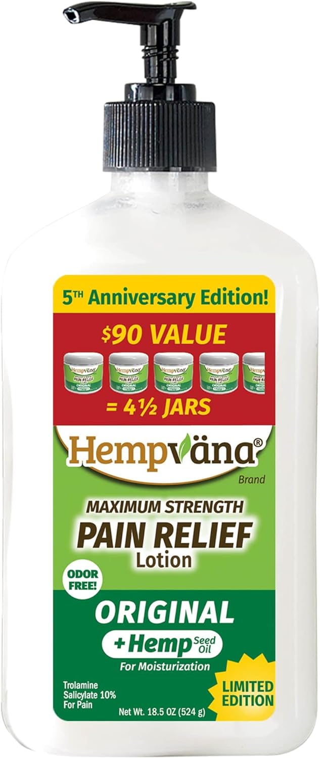 Hempvana Limited-Edition 5th Anniversary Original Pump Bottle Pain Relief Cream, AS-SEEN-ON-TV, Enriched With Hemp Seed Oil, Relieves Pain Fast 18.5oz