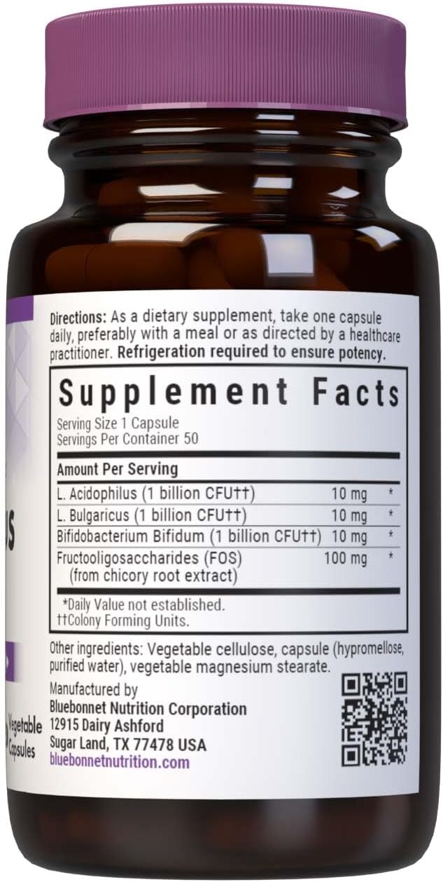 Bluebonnet Nutrition Milk-Free Probiotic Acidophilus & Fos, Digestive Health*, Immune Health*, Gluten-Free, Soy-Free, Dairy-Free, 50 Vegetable Capsules, 50 Servings : Health & Household