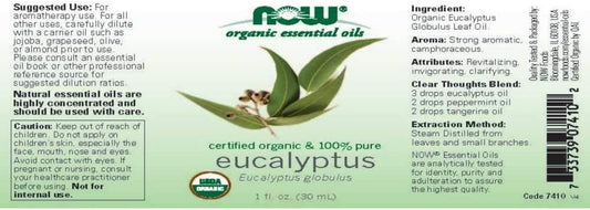 Now Essential Oils, Organic Eucalyptus Globulus Oil, Clarifying Aromatherapy Scent, Steam Distilled, 100% Pure, Vegan, Child Resistant Cap, 1-Ounce