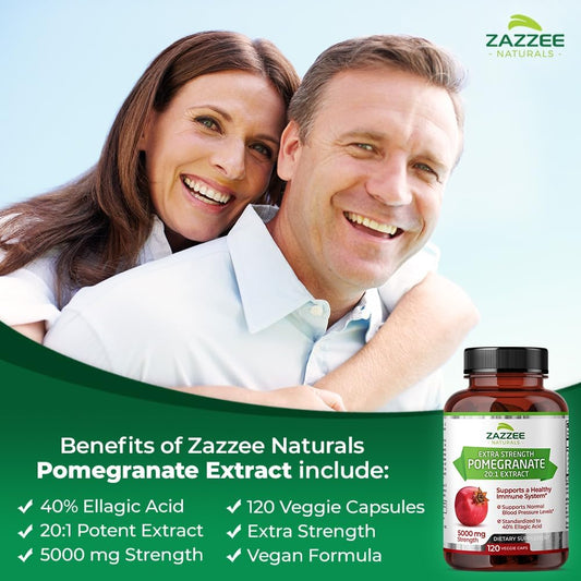 Zazzee Extra Strength Pomegranate 20:1 Extract, 5000 Mg Strength, 40% Ellagic Acid, 120 Vegan Capsules, 4 Month Supply, Standardized, Concentrated 20X Extract, 100% Vegetarian, All-Natural And Non-Gmo