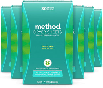 Method Dryer Sheets, Beach Sage, Fabric Softener And Static Reducer, Compostable And Plant-Based Laundry Essentials, 80 Count (Pack Of 6)