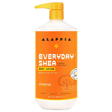 Alaffia EveryDay Shea Body Lotion - Normal to Very Dry Skin, Moisturizing Support for Hydrated, Soft, and Supple Skin with Shea Butter and Lemongrass, Fair Trade, Unscented, 32 Fl Oz