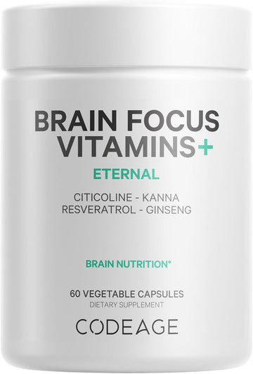 Codeage Brain Focus Vitamins+ Supplement - Cognitive Function & Mental Clarity Support - Cognizin Citicoline, Vitamin B12, Ginseng, Resveratrol, Gotu Kola, Mood & Memory, Non-Gmo - 60 Capsules