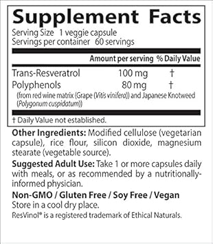 Doctors Best Trans-Resveratrol 100, Resveratrol With Red Wine Polyphenol (Resvinol), Non-Gmo, Gluten Free, Soy Free, Vegan 60 Veggie Caps : Health & Household