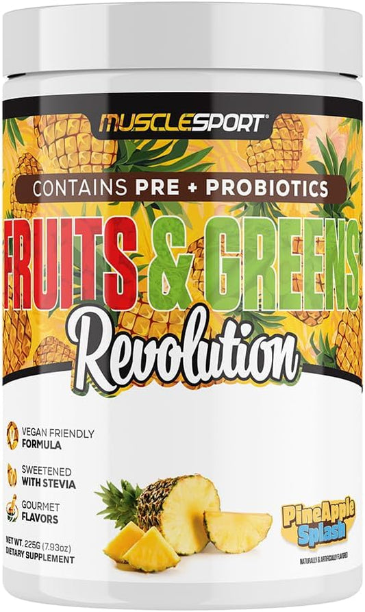 Musclesport Fruits & Greens - Fruit, Vegetable And Antioxidant Supplement, Including Wheat Grass And Spirulina, Added Fiber And Probiotics - 30 Servings (Pineapple Splash) : Health & Household
