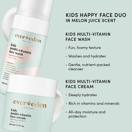 Evereden Kids Happy Face Duo (Melon Juice) - Multi-Vitamin Kids Face Wash & Kids Face Cream Set - Clean & Vegan Skin Care For Kids 3+ - Moisturizing, Nourishing, & Protective Kids Skin Care Set