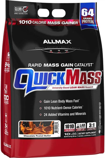 Allmax Quickmass, Chocolate Peanut Butter - 10 Lb - Rapid Mass Gain Catalyst - Up To 64 Grams Of Protein Per Serving - 3:1 Carb To Protein Ratio - Zero Trans Fat - Up To 70 Servings