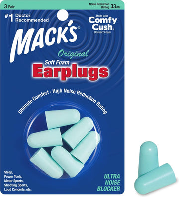 Mack's Original Soft Foam Earplugs, 3 Pair - 33B Highest NRR, Comfortable Ear Plugs for Sleeping, Snoring, Work, Travel & Loud Events | Made in USA