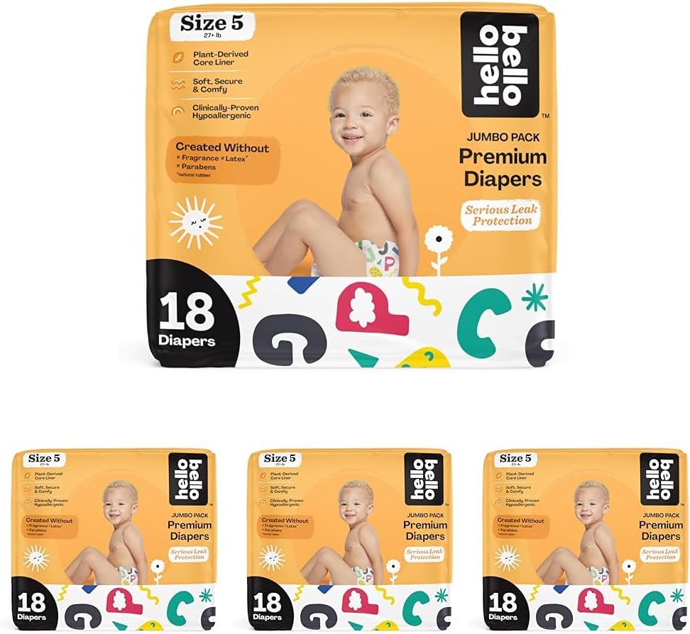 Hello Bello Premium Baby Diapers Size 5 I 18 Count Of Disposable, Extra-Absorbent, Hypoallergenic Baby Diapers With Snug And Comfort Fit I Alphabet Soup (Pack Of 4)