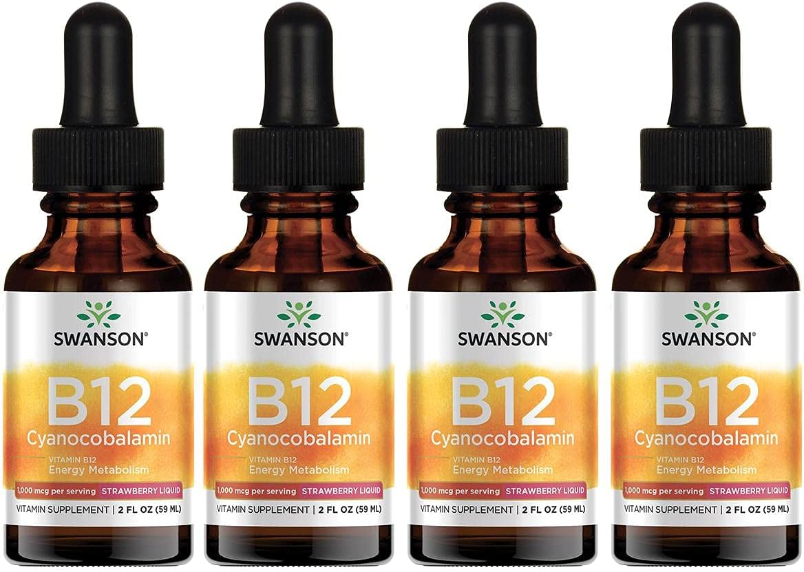 Swanson Vitamin B12 Cyanocobalamin - Strawberry Liquid 1,000 Mcg 2 Fl Oz Liq 4 Pack