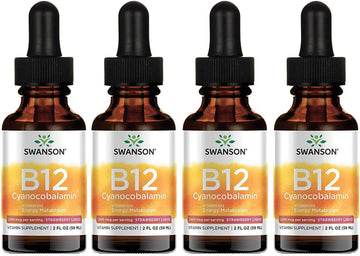 Swanson Vitamin B12 Cyanocobalamin - Strawberry Liquid 1,000 Mcg 2 Fl Oz Liq 4 Pack