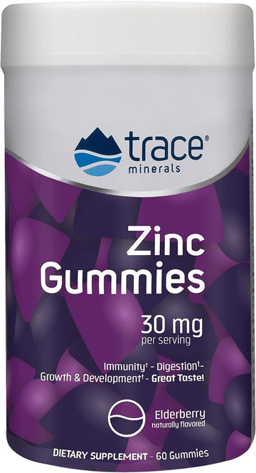 Trace Minerals Zinc Gummies - Chewable Zinc Supplement With Elderberry - Supports Immune System Health - Supplement To Aid Healthy Digestion & Development - Elderberry, 60 Gummies (30 Servings)