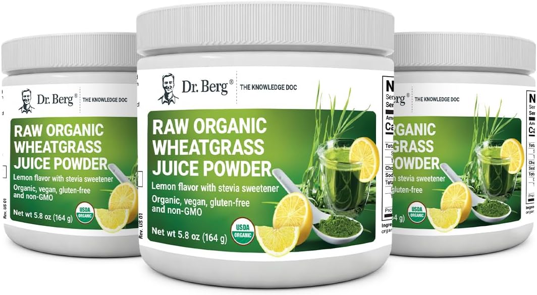 Dr. Berg's Raw Wheatgrass Juice Powder (60 Servings) - USDA Certified Organic Wheatgrass Powder w/ Chlorophyll, Trace Minerals & Natural Enzymes - Ultra-Concentrated - Lemon Flavor w/ Stevia 3 Pack