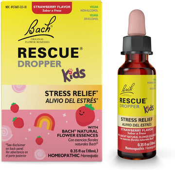 Bach Rescue Kids Dropper, Natural Strawberry Flavor, Stress Relief For Children, Calming Aid, Homeopathic, Flower Essences, 10Ml