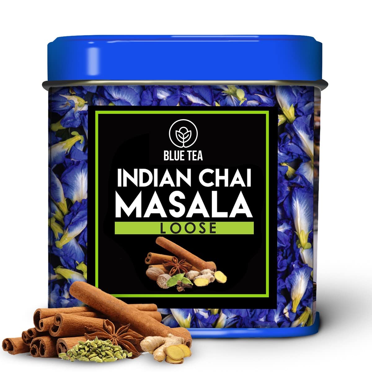 Blue Tea - Indian Chai Masala Tea -1.76 Oz - 50+ Cups | Masala Spicy Tea | Ginger, Cardamom, Cinnamon | Caffeine - Free - Natural Ingredients - Calming Tea - Vegan - Gluten Free | Tin Pack