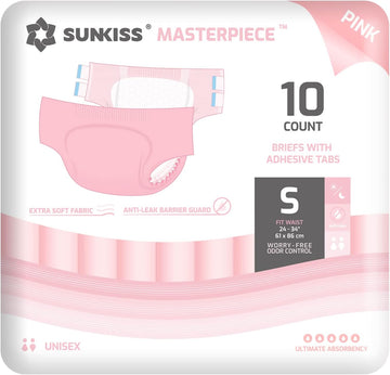 SUNKISS Masterpiece Adult Diapers with Ultimate Absorbency, Unisex Disposable Incontinence Briefs with Tabs for Women and Men, Odor Control, Overnight Protection, Pink, Small, 10 Count