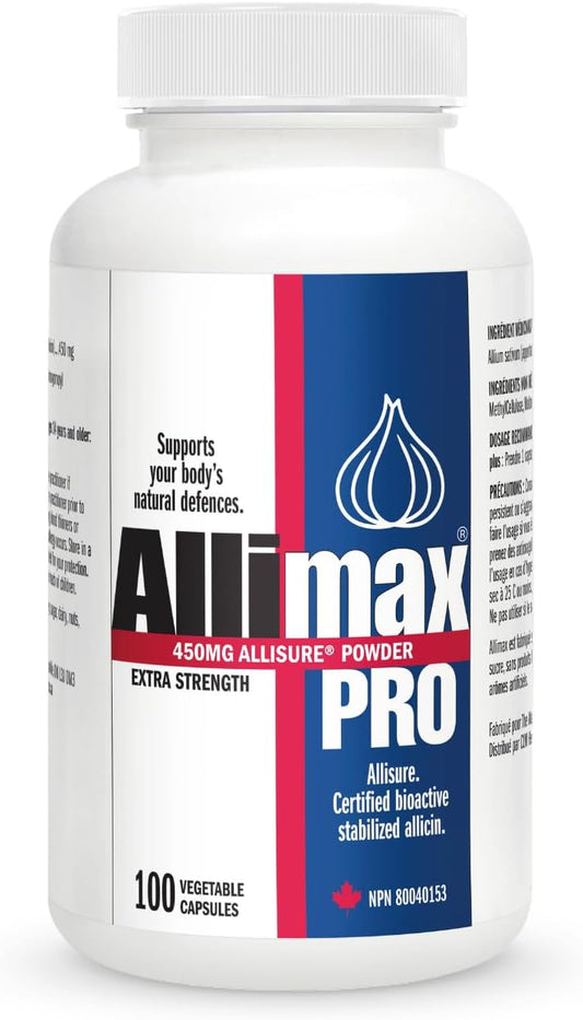 Allimax Pro 450mg 100 Capsules. Professional Strength Support for Your Body?s Immune Function Through Natural Allicin, a Potent Compound Extracted from Clean and Sustainable Spanish Grown Garlic