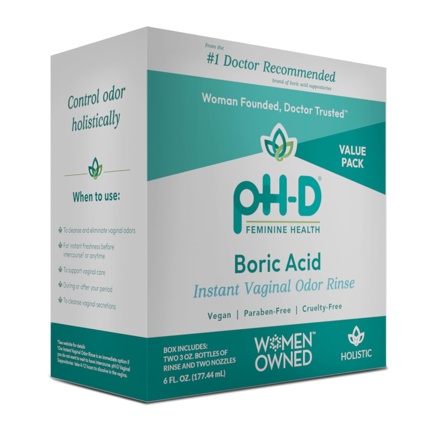 Ph-D Feminine Health - Instant Odor Rinse With Boric Acid For Vaginal Odor - Vegan, Paraben-Free, Cruelty-Free, 6 Fl Oz Total, (3 Fl Oz, Pack Of 2)