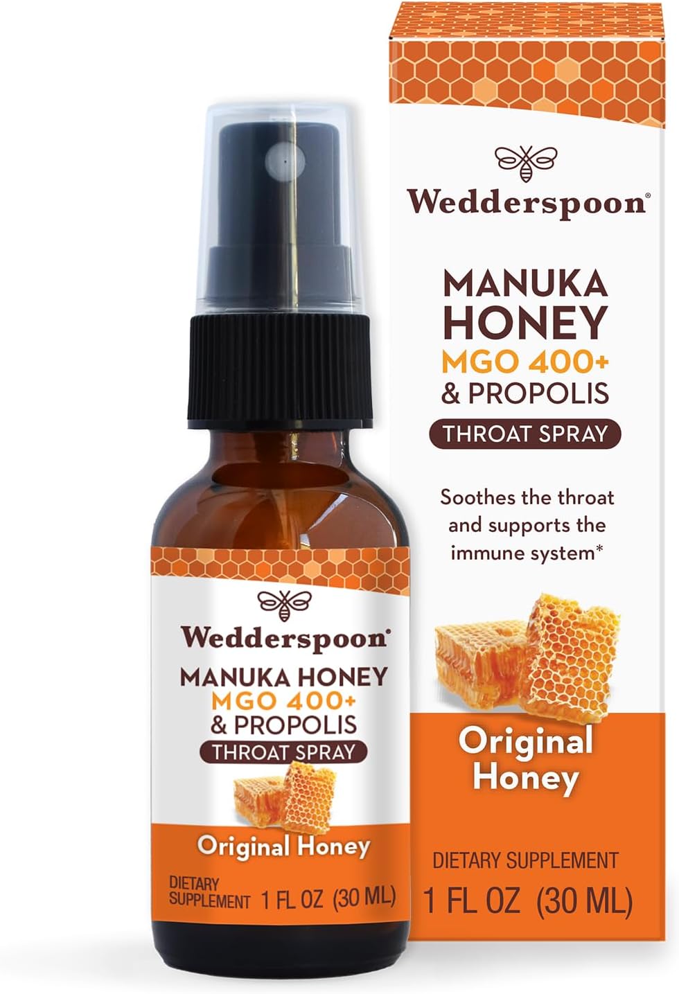 Wedderspoon Propolis and Manuka Honey Throat Spray, Original Honey, 1 Fl Oz (Pack of 1), Sore Throat Relief, Natural Immune Support