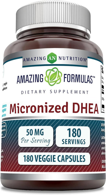 Amazing Formulas Micronized DHEA 50mg Per Serving 180 Veggie Capsules Supplement | Non-GMO | Gluten Free | Made in USA | Suitable for Vegetarians