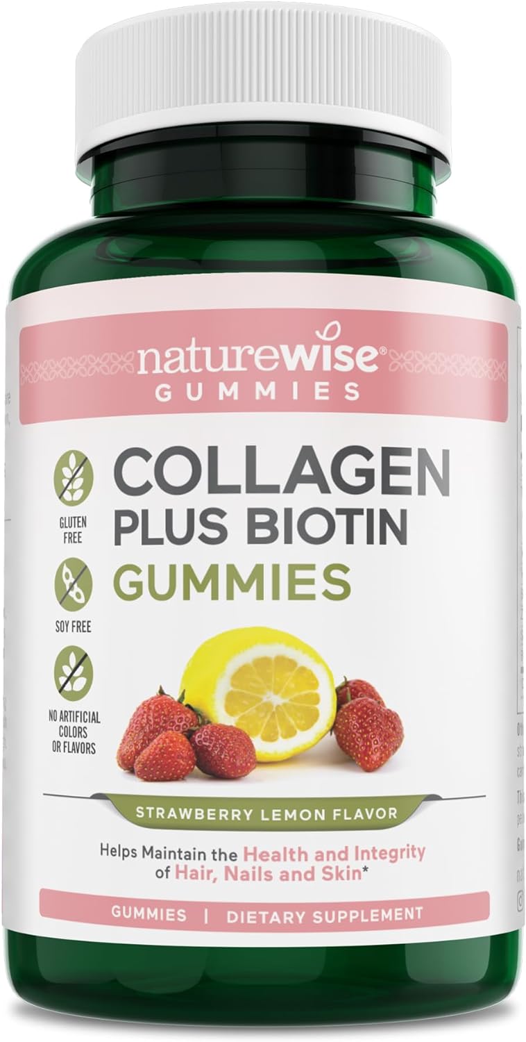 NatureWise Collagen Gummies with Biotin - Strawberry Lemon Flavor Infused with Essential Beauty Supplements for Skin, Hair, & Joint Support Like Vitamin E, Vitamin C, Zinc | 1-Month Supply, 180 Count