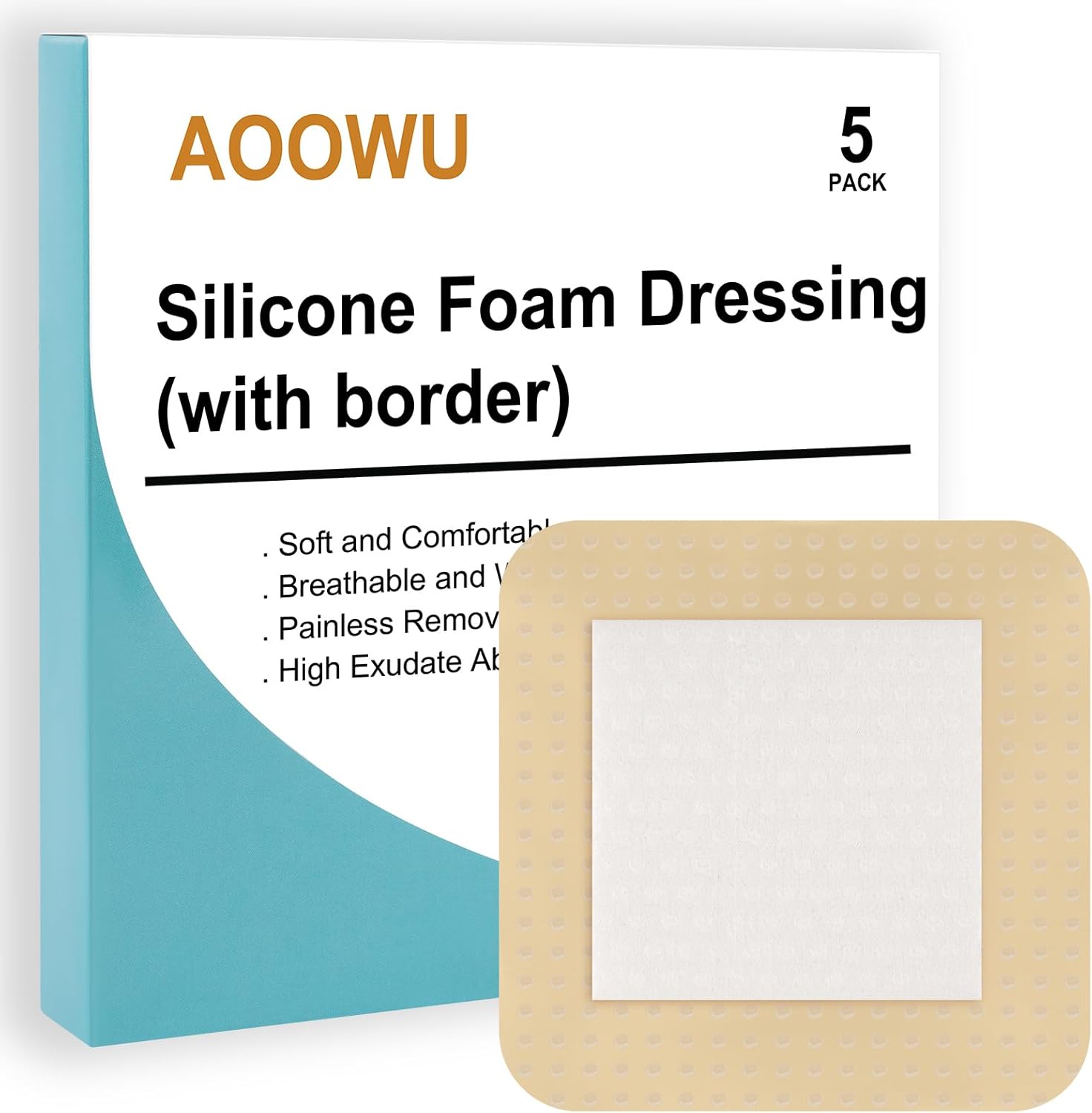 Aoowu Silicone Foam Dressing With Border, 5 Pcs Adhesive Waterproof Central Ultra Absorbent-Foam (10 Cm X 10 Cm), Waterproof Dressings For Wounds, Foam Dressing For Wounds, Silicone Wound Dressing