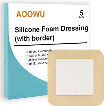 Aoowu Silicone Foam Dressing With Border, 5 Pcs Adhesive Waterproof Central Ultra Absorbent-Foam (10 Cm X 10 Cm), Waterproof Dressings For Wounds, Foam Dressing For Wounds, Silicone Wound Dressing