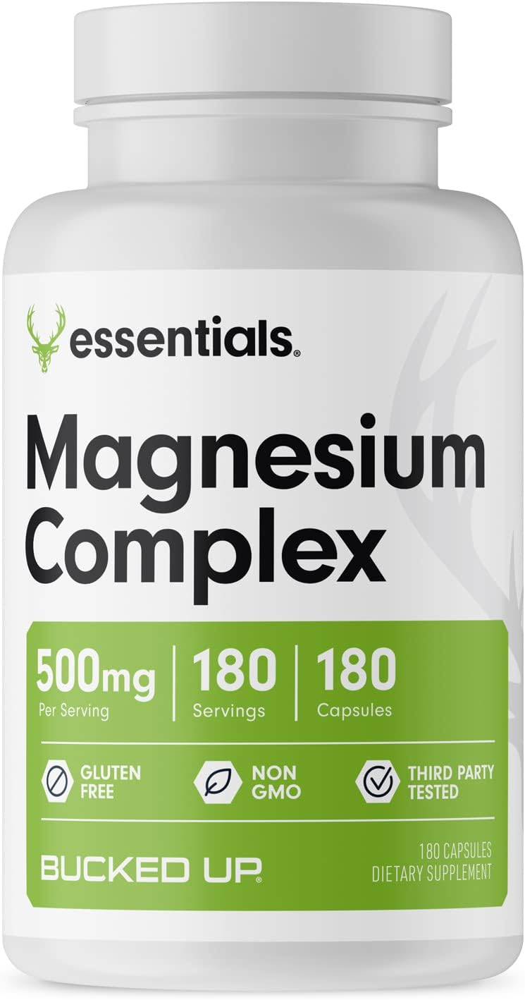 Magnesium Supplement 500mg Capsules | Magnesium Complex with Glycinate, Citrate, and Oxide | 3 Active Forms of Magnesium | Easy on Stomach | Made in USA | Bucked Up Essentials (180 Servings)