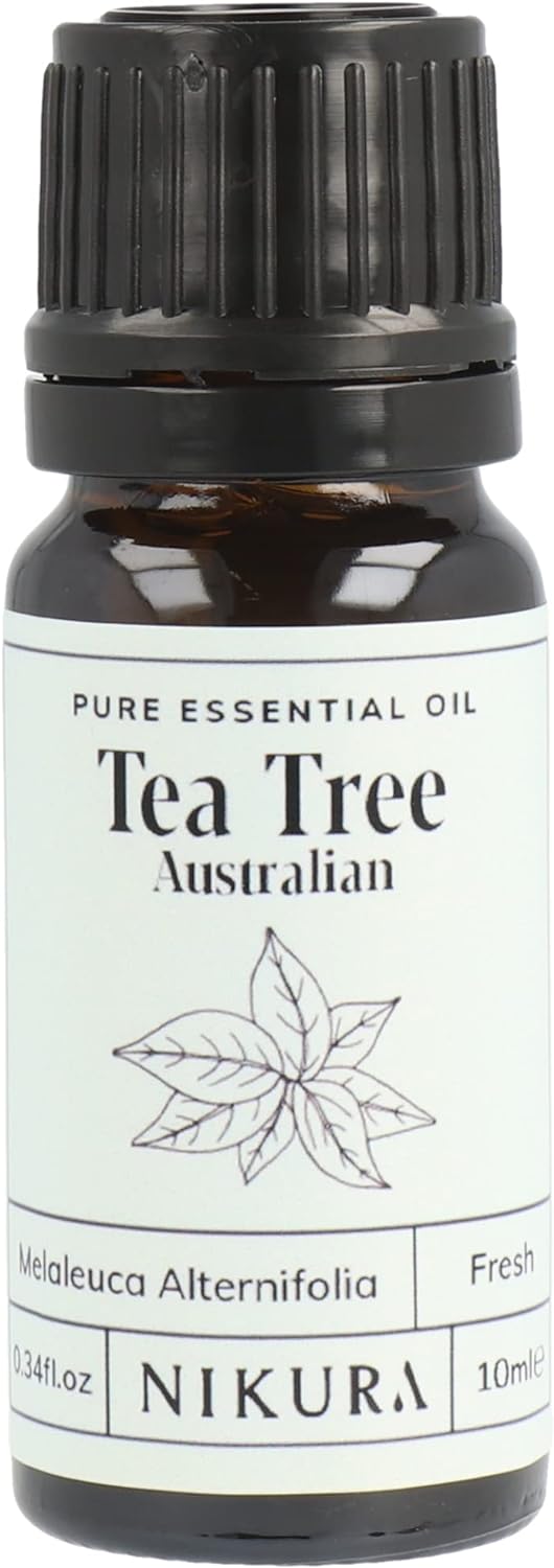 Nikura Pure Australian Tea Tree Essential Oil For Skin, Nail Fungus, Face, Hair, Acne, Piercings, Head Lice | Diffuser Oil For Home, Candle & Soap Making | 10Ml | Vegan & Uk Made
